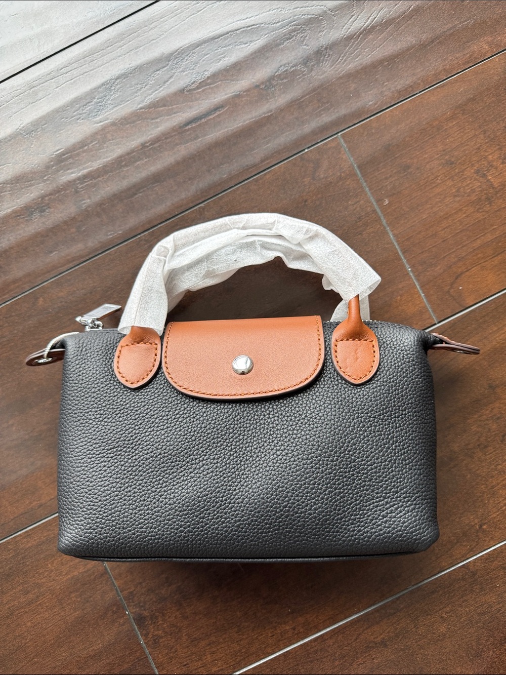 Pebbled Black Crossbody with Tan Flap and Trim